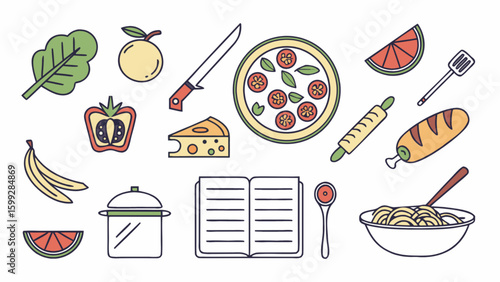 Illustration of various culinary items including food preparation tools and ingredients for cooking a meal