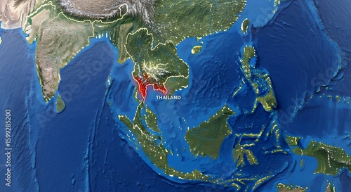 Map of Southeast Asia Highlighting Thailand in Red on a Digital Geographic Map