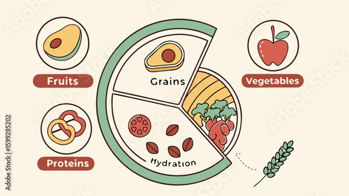 Illustration of a divided plate showing fruits grains vegetables proteins and hydration for healthy eating