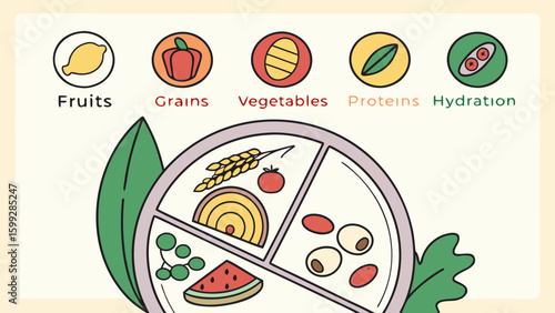Illustration showing a balanced diet plate with fruits grains vegetables and proteins categories shown above