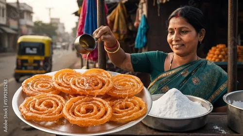 Indian Woman Selling Jalebi Street Food Smiling and Pouring Syrup on Plate in Day Time
