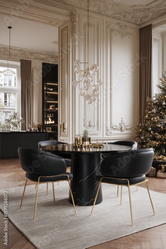 Elegant dining room scene with black furniture and natural light