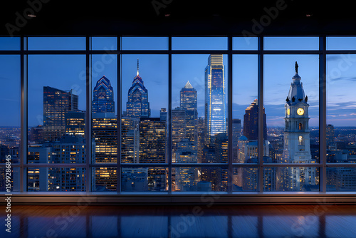 Stunning Night View of Philadelphia Skyline from Modern Office Window