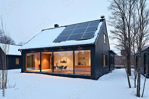 Modern black house with rooftop solar panels stands in a snowy winter landscape, representing sustainable living, green energy, and contemporary architecture