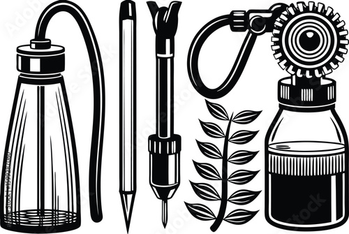 Collection of vintage tattooing tools and supplies including bottles and needles isolated on transparent background