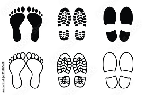 Footprint Icon Set, Vector Silhouette and Outline of Barefoot, Shoe, and Boot Prints