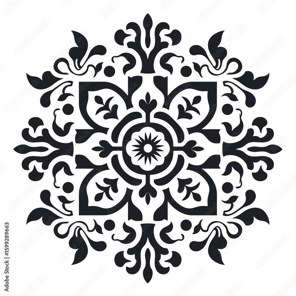 Decorative black and white floral ornament design with intricate patterns Decorative black and white floral ornament design with intricate patterns