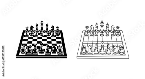 Two chessboards one filled in black and one outlined displaying chess pieces