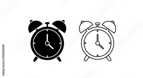 Illustration of two alarm clocks one solid black and one with outline design