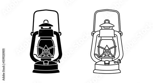 Illustration of two kerosene lanterns one filled and one outlined in black