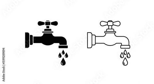 Illustration of two faucets with water droplets in black and white outline style