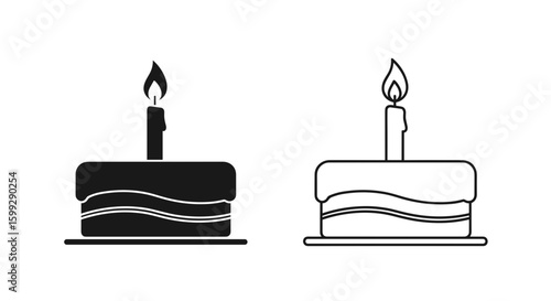 Two simple cake illustrations with a single candle on top in monochrome style