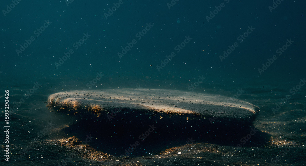 Fototapeta premium Submerged Rock Formation with Suspended Particles in Dark Water.
