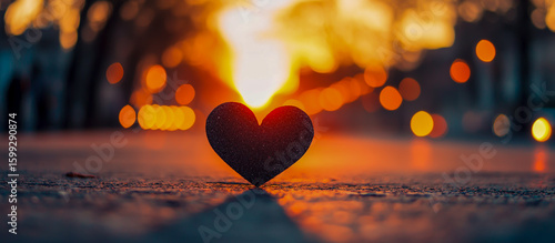 A broken heart shape painted on the asphalt of a deserted road at sunset, symbolizing heartbreak, loss and loneliness on Valentine's Day, with soft blurred city lights shining in the background,