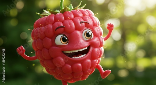 Animated Raspberry Character with Cheerful Expression in Outdoor Garden Setting