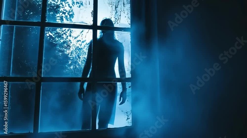 Eerie silhouette of a ghostly figure at window in haunted house with fog. Halloween, fear, horror.