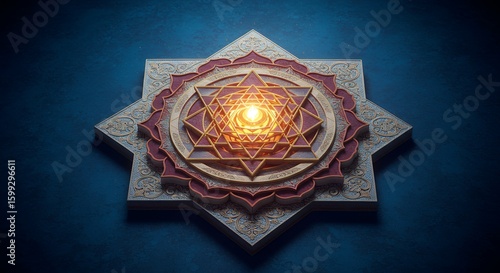 Intricate Sacred Geometric Mandala with Glowing Center on Blue Surface