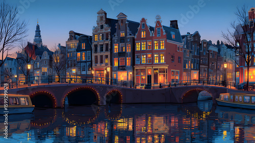 Tranquil Evening Scene of Dutch Architecture and Canal Reflections