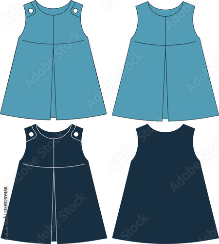 Flat technical vector illustration of baby girl pleated dress, sleeveless design, front and back view for kidswear fashion cad