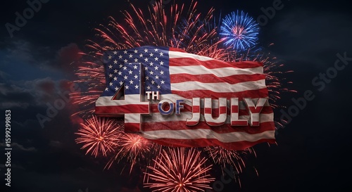 Celebration of Fourth of July with Fireworks and American Flag in Night Sky