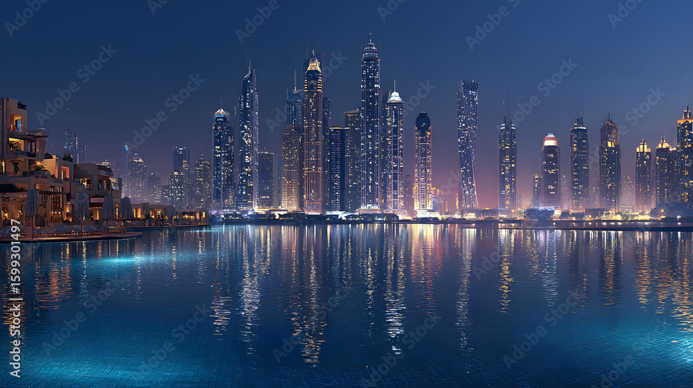 Fototapeta premium Scenic Night View of Modern City Skyline Reflected in Water