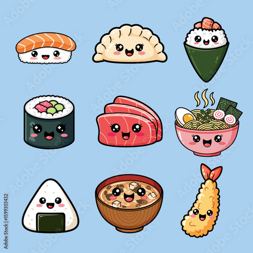 Kawaii japanese food adorable  characters set collection. Cute cartoon sushi sashimi onigiri ramen temaki Vector illustration hand drawn set