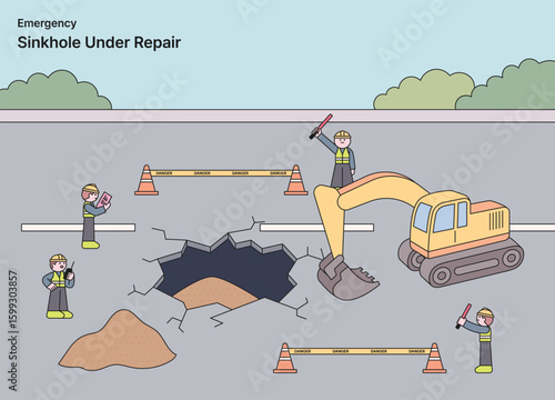 An illustration depicting a sinkhole under repair with construction workers and an excavator on a damaged road, highlighting emergency maintenance.