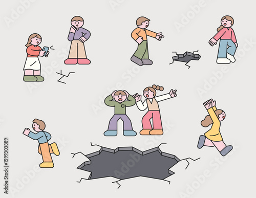People reacting with shock and panic to a large sinkhole and cracks on the ground, illustrating urban danger and emergency.