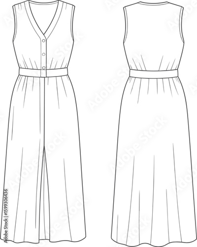 Sleeveless V-neck dress, front button placket, waistband detail, midi length, back view, fashion sketch, CAD drawing, vector illustration