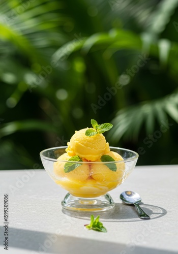 Mango Sorbet in Glass Bowl with Mint Garnish