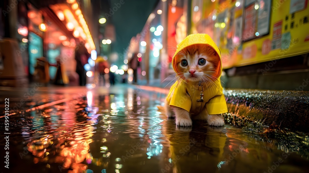 Fototapeta premium Cute cat in yellow raincoat walking through rainy neon city street at night, cinematic urban atmosphere with reflections and emotional mood, creative animal fashion background