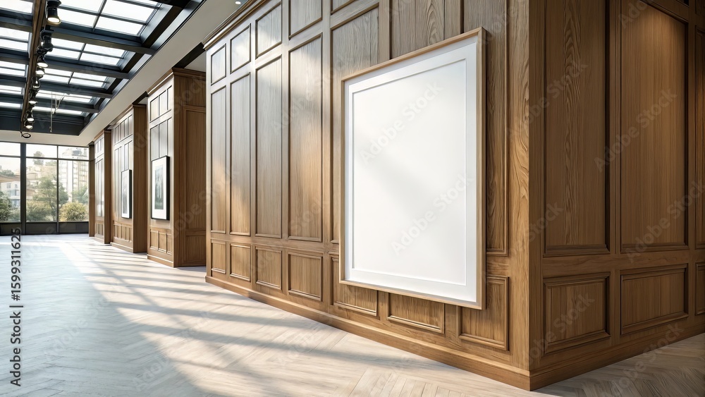 Fototapeta premium Poster frame in softly lit wood-paneled room?clean, professional, and gallery-ready