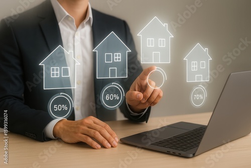 Businessman reviews real estate documents on laptop, Online property management, Digital housing contract, investment planning, Smart organization of real estate transactions using modern tools.