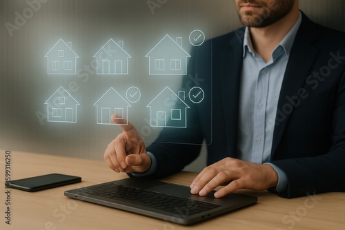 Businessman reviews real estate documents on laptop, Online property management, Digital housing contract, investment planning, Smart organization of real estate transactions using modern tools.