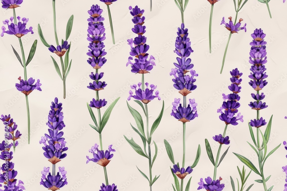 Naklejka premium Vibrant lavender floral pattern showcasing elegant botanical blooms in seamless design ideal for backgrounds, textile prints, product packaging, and calming decorative applications
