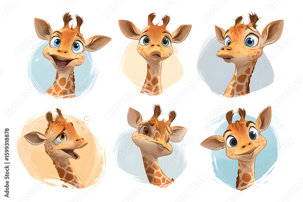 Obraz premium Cute Cartoon Giraffe Heads with Various Expressions and Emotions