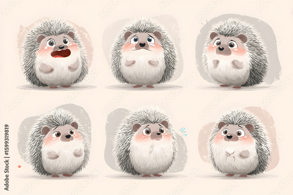 Fototapeta premium Cute Cartoon Hedgehogs Displaying Various Emotions and Expressions