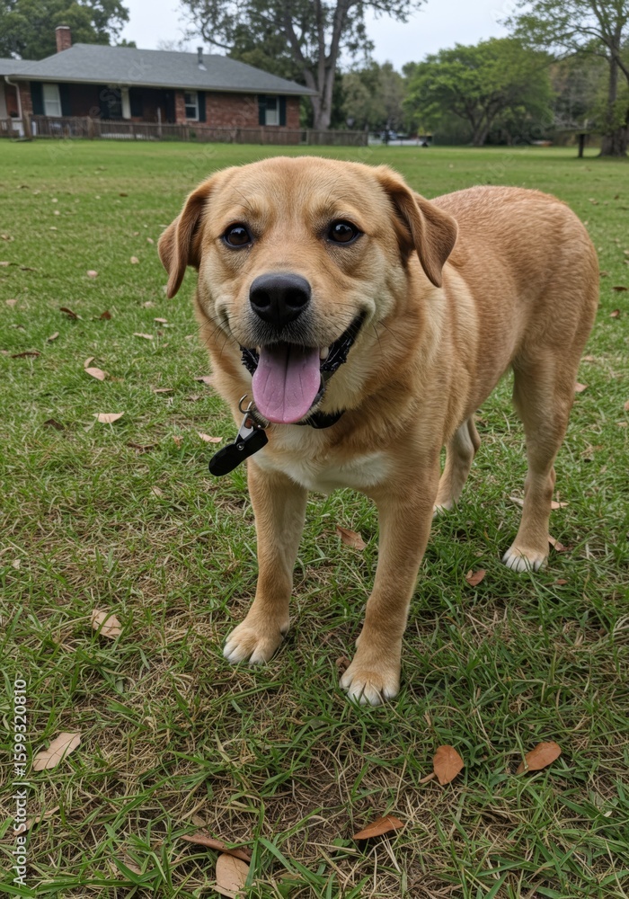 Happy Brown Mixed Breed Dog on Green Grass Happy Brown Mixed Breed Dog on Green Grass