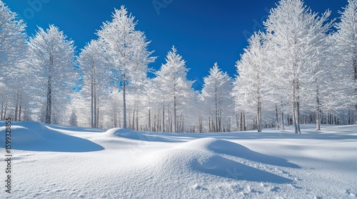 Snowy forest bathed in sunlight.  A pristine winter scene of tall, snow-covered trees in a forest.  A vast expanse of snow stretches out under a brilliant blue sky