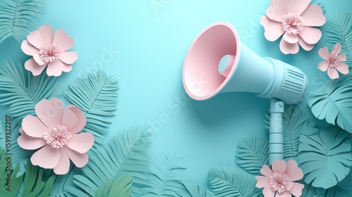 Pastel Megaphone Announcement with Tropical Paper Flowers and Leaves
