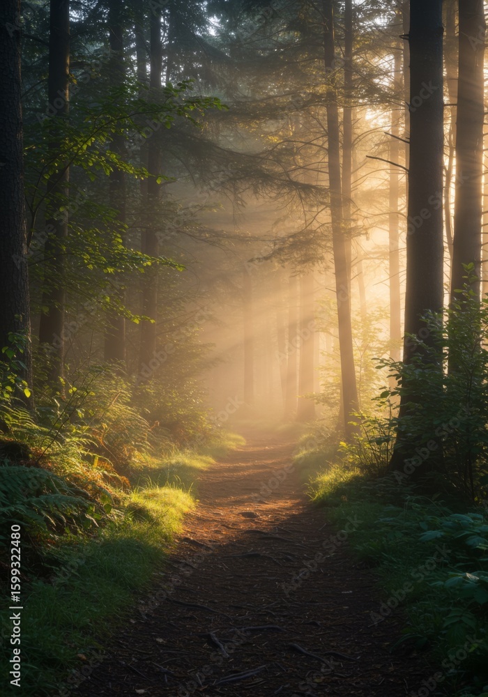 Fototapeta premium Sunlit Forest Path With Misty Fog
