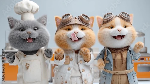 Three Cats Dressed Up in Kitchen