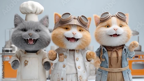 Animated Cats: Chef, Scientist, and Adventurer in Kitchen Setting