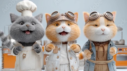 Animated Cats: Chef, Scientist, and Explorer Team Posing Together