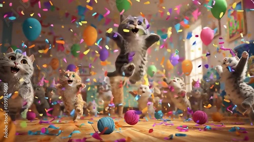 Cats Celebrating Party with Balloons and Confetti