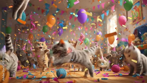 Party Cats: Feline Celebration with Balloons and Confetti