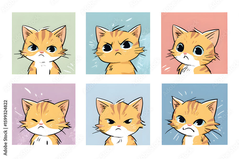 Fototapeta premium Cute Cartoon Cats with Various Expressions in Colorful Backgrounds