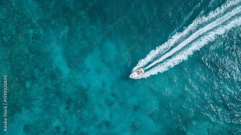 Obraz premium Aerial view of a boat moving through turquoise water leaving a white wake.