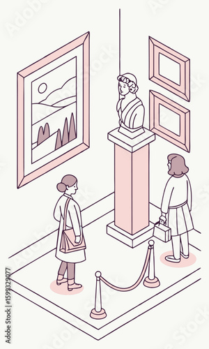 Art gallery visitors observing bust