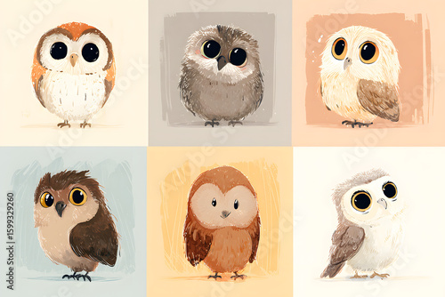 Adorable Cartoon Style Owls in Six Unique Expressions and Colors